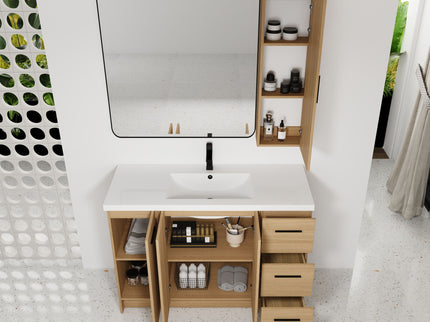 Freestanding Bathroom Vanity Set With Tall Side Cabinet, 3 Drawers And 3 Door Cabinet, Integrated Sink, Large Storage - Glossy White / Light Oak