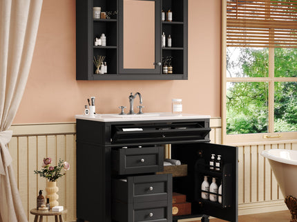 Bathroom Vanity With Mirror Cabinet, Single Sink With 2 Soft Closing Doors And 4 Drawers