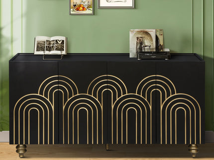 Modern Fluted Sideboard Buffet With Storage, Curve Element, 4 Doors With Adjustable Shelves