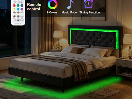 Platform Bed Frame With Adjustable Upholstered Headboard, RGB LED Lights, No Box Spring Needed