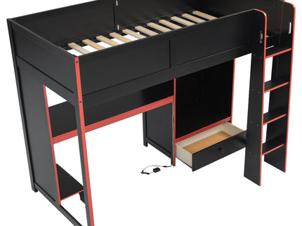Gaming Loft Bed With Built In Desk, Wardrobe, LED Lighting And Drawer