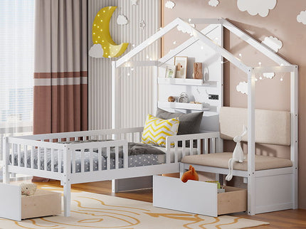House Bed With Upholstered Sofa, Wireless Charging Station, Shelves And 2 Drawers