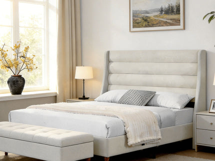 Modern Upholstered Platform Bed With Wave Shaped Headboard