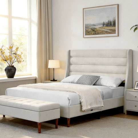 Modern Upholstered Platform Bed With Wave Shaped Headboard