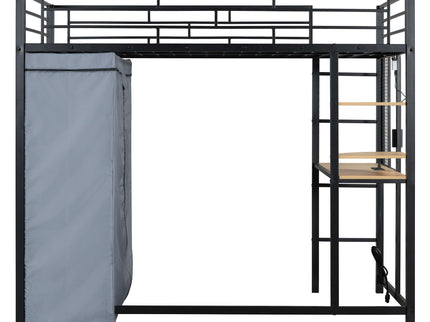 Loft Bed With Desk, Shelves, Power Outlet, LED Light And Wardrobe