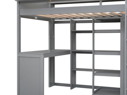 Loft Bed With Built In Desk, Storage Shelves, And Wardrobe