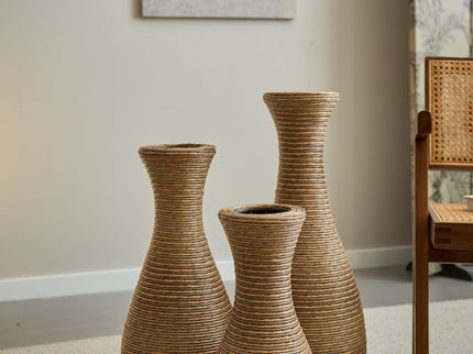 3 Piece Artificial Rattan Floor Vase Set Decorative Accent For Living Room, Hallway & Entryway, Ideal For Dried Or Silk Flower Arrangements - Beige