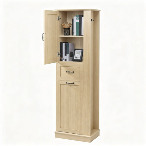 Tall Storage Cabinet With Tilt Out Compartment, Adjustable Shelves, Soft Close Hinges - Natural
