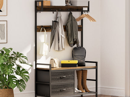 Hall Tree With 2 Movable Drawers, Shoe Storage, Shelves, Garment Racks, And 23 Hooks For Entryway - Rustic Brown
