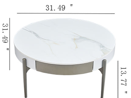 Modern Round Coffee Table With Storage Drawers Handcrafted Ceramic Inlay Tabletop 2 Tone Wood Legs Scandinavian Living Room Center Table - White / Gray