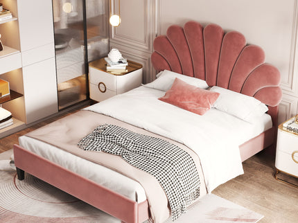 Upholstered Platform Bed With Flower Pattern Headboard