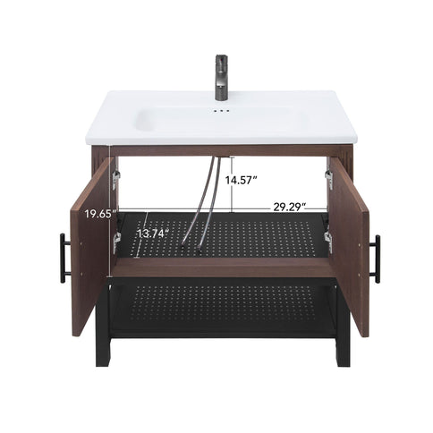 Modern Freestanding Bathroom Vanity With Ceramic Sink, Hot And Cold Faucet, Storage Cabinet & Open Shelf