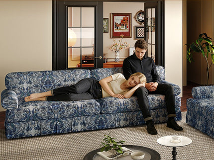Luxuriously Comfortable Cloud Couch With Elegant Rolled Arms & Pleated Skirt Design