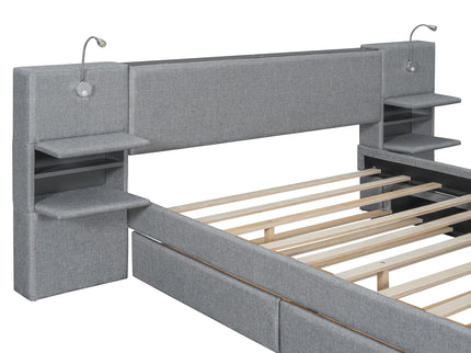 Upholstered Platform Bed With Reading Lights, Drawers, Trundle And Shelves