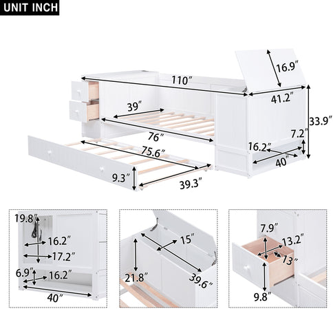 Daybed With Storage Arms, Trundle And Charging Station