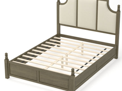 Farmhouse Platform Bed Frame With Tall Linen Upholstered Headboard