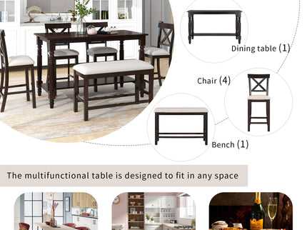 Counter Height Dining Set With Shelf, 4 Chairs And Bench