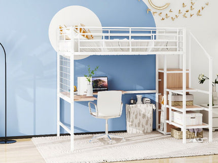 Loft Bed With Desk And Grid, Stylish Frame With Lateral Storage Ladder And Wardrobe
