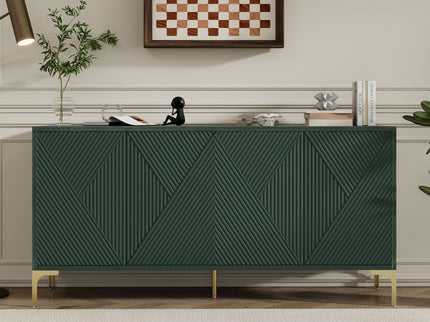 Modern Wood Sideboard Cabinet With Carved Door Panels, Adjustable Shelves, And Sturdy Metal Legs