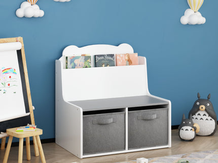 Bookshelf With Storage Bins, Bookcase With Book Display Shelf And 2 Bins, Cute Bear Shaped Backboard, Toy Organizer - White