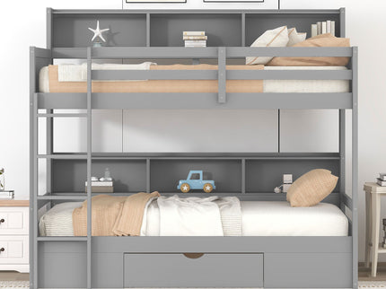Twin Size Bunk Bed With Built-In Shelves Beside Both Upper And Down Bed And Storage Drawer