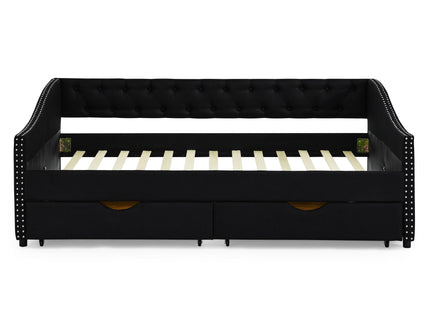 Upholstered Tufted Daybed With 2 Drawers, Waved Arms