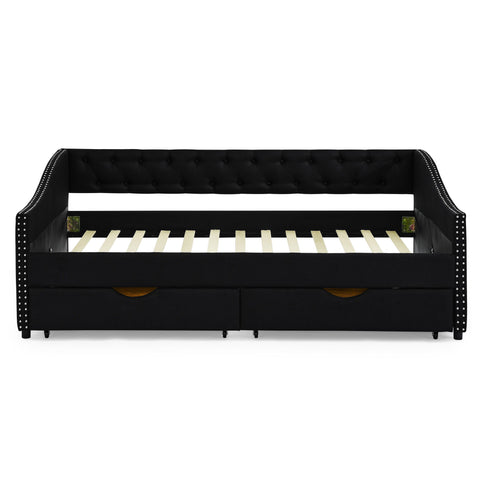Upholstered Tufted Daybed With 2 Drawers, Waved Arms
