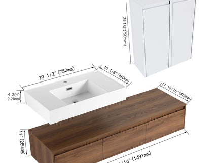 Wall Mounted Bathroom Vanity With Resin Sink And 2 Side Cabinet, 3 Soft Close Drawer - Brown Ebony