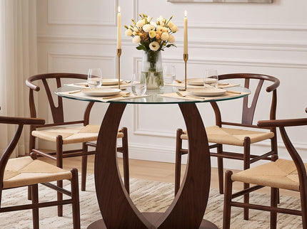 2 In 1 Round Glass Dining Table With Adjustable Curved Base, - Transparent / Walnut