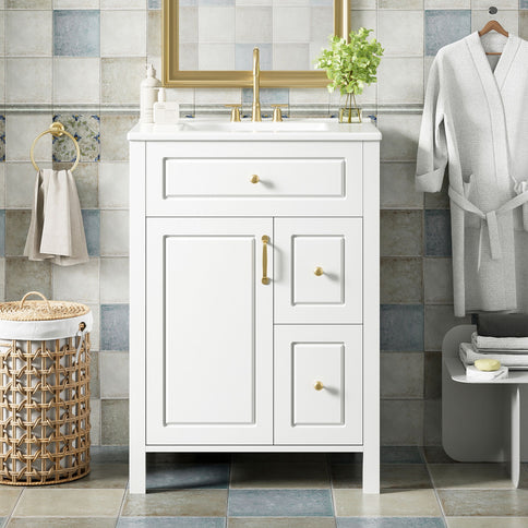 Elegant Bathroom Vanity With Ceramic Sink, Soft Close Doors And Drawers, Double Storage Racks