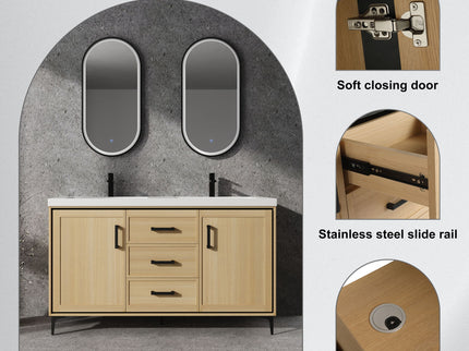 Original 60" Freestanding Bathroom Vanity With Double Resin Sink Plywood Soft Closing Doors & Drawers - Oak