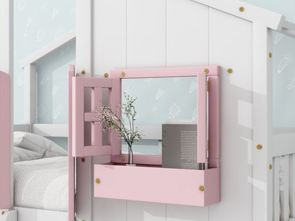 House Bunk Bed With Roof, Window, Window Box, Door, With Safety Guardrails And Ladder
