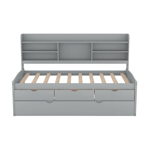 Captain Bed With Built In Bookshelves, 3 Storage Drawers, And Trundle