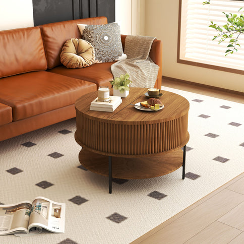 Lift Top Coffee Table, Round Storage Cocktail Table With Reinforced Legs, Safe Rounded Design - Brown