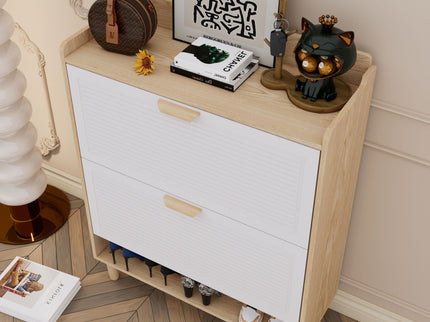 Shoe Storage Cabinet With 2 Flip Drawers, Compact Entryway Organizer - Natural / White