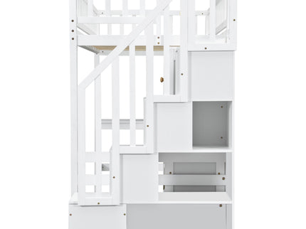 Loft Bed With Built In L Shaped Desk, LED Lights, Storage Shelves, Cabinets, And Staircase