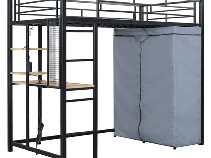 Loft Bed With Desk, Shelves, Power Outlet, LED Light And Wardrobe
