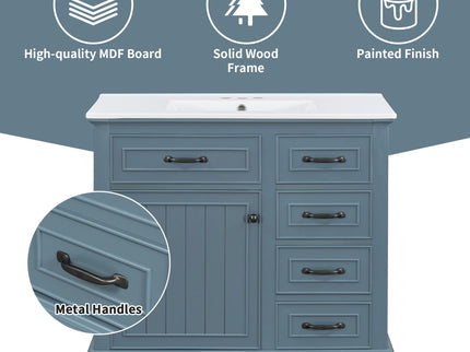Modern Bathroom Vanity With Sink Top, Flip Drawers, Adjustable Shelf