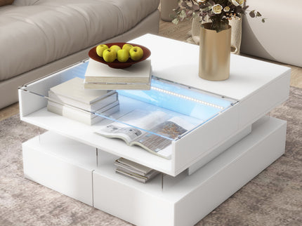Lift Top Coffee Table With 2 Drawers, Hidden Space And LED Lights For Living Room