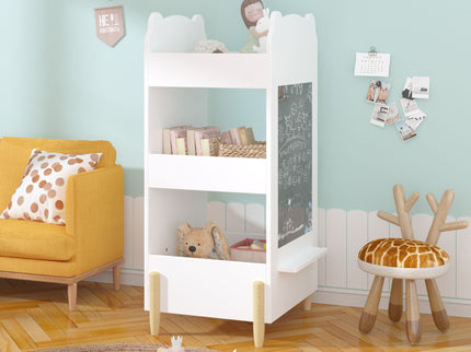 Bear Shaped Bookshelf With Chalkboard Side, 3 Tier Storage Organizer For Playroom - White