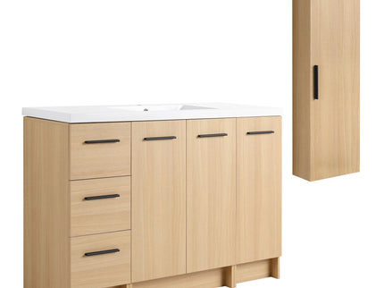 Freestanding Bathroom Vanity Set With Tall Side Cabinet, 3 Drawers And 3 Door Cabinet, Integrated Sink, Large Storage - Glossy White / Light Oak