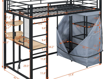 Loft Bed With Desk, Shelves, Power Outlet, LED Light And Wardrobe