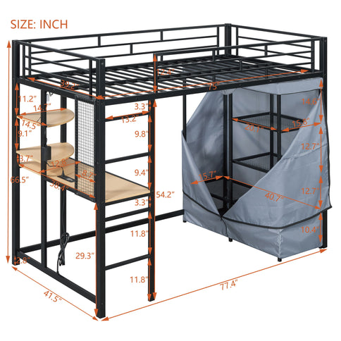 Loft Bed With Desk, Shelves, Power Outlet, LED Light And Wardrobe