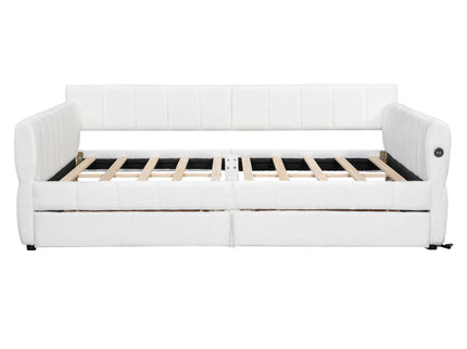 Queen Upholstered Platform Bed With USB Charging And 2 Storage Drawers - White