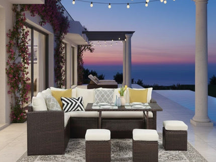 7 Piece Patio Dining Set With Cushions, Modular Sectional Sofa & Storage Table