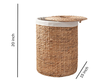 Round Tall Water Hyacinth Woven Wicker Laundry Hamper With Lid - For Clothes, Toys And Book Storage With Removable Liner - 15" X 15" X 20" - Natural Brown