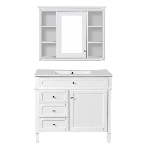Bathroom Vanity With Mirror Cabinet, Single Sink With 2 Soft Closing Doors And 4 Drawers