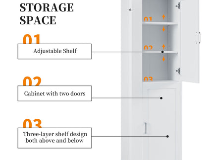 Tall Freestanding Bathroom Storage Cabinet With Adjustable Shelves And Side Hooks
