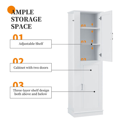 Tall Freestanding Bathroom Storage Cabinet With Adjustable Shelves And Side Hooks