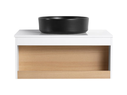 Floating Bathroom Vanity With Glossy Round Vessel Sink
